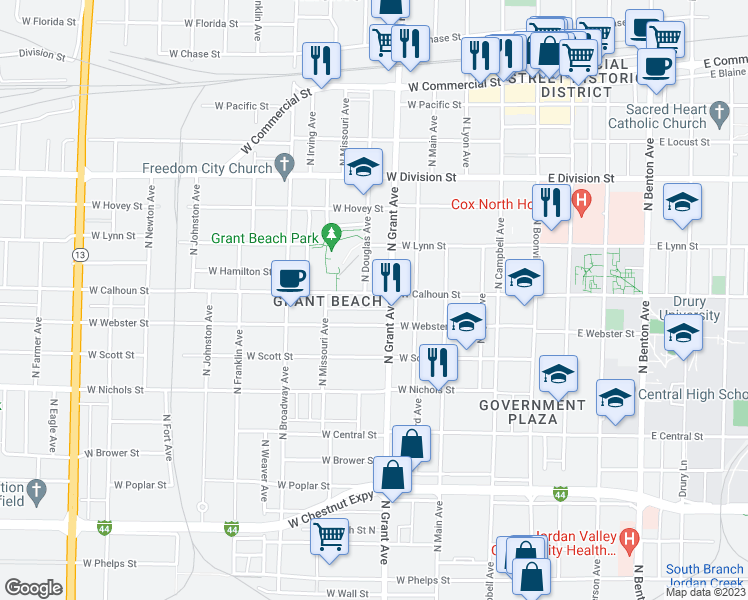 map of restaurants, bars, coffee shops, grocery stores, and more near 714 West Calhoun Street in Springfield