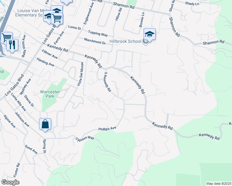 map of restaurants, bars, coffee shops, grocery stores, and more near 16497 South Kennedy Road in Los Gatos