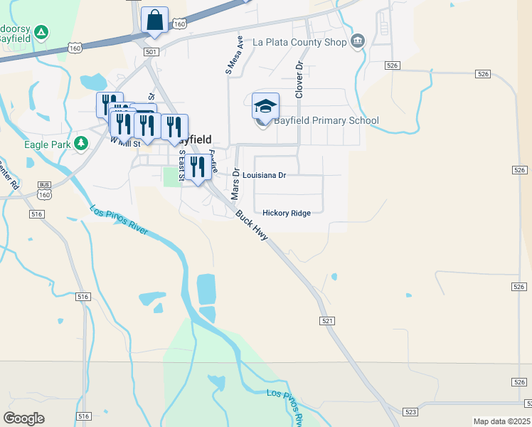 map of restaurants, bars, coffee shops, grocery stores, and more near 801 Hickory Ridge in Bayfield