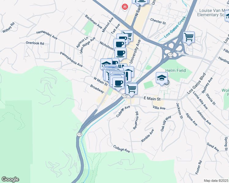 map of restaurants, bars, coffee shops, grocery stores, and more near 140 West Main Street in Los Gatos