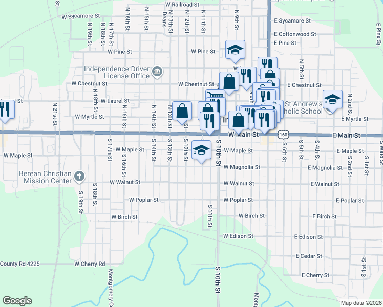 map of restaurants, bars, coffee shops, grocery stores, and more near 150-198 S 12th St in Independence