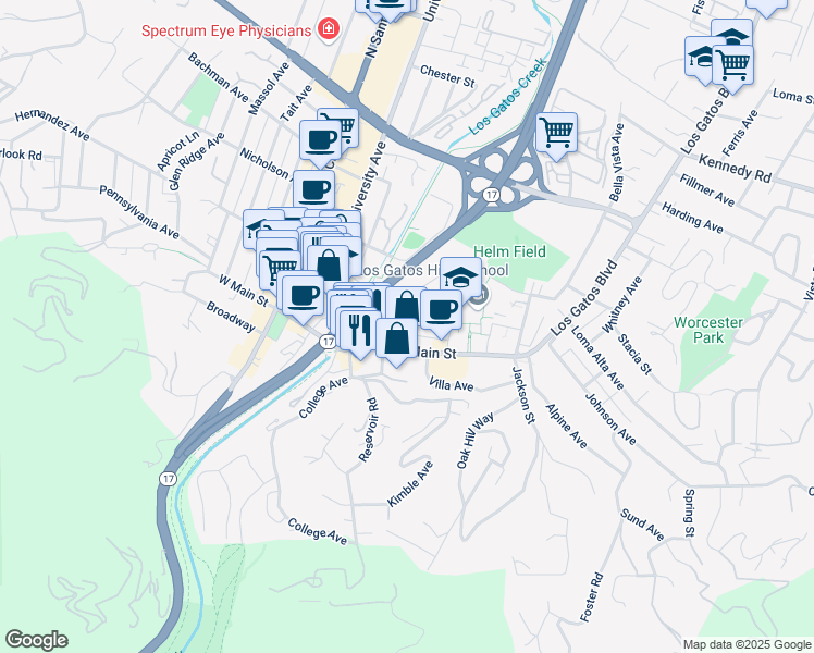 map of restaurants, bars, coffee shops, grocery stores, and more near 99 Church Street in Los Gatos