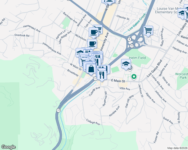map of restaurants, bars, coffee shops, grocery stores, and more near 50 University Avenue in Los Gatos