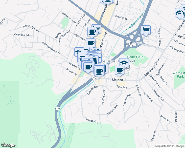 map of restaurants, bars, coffee shops, grocery stores, and more near 14 West Main Street in Los Gatos
