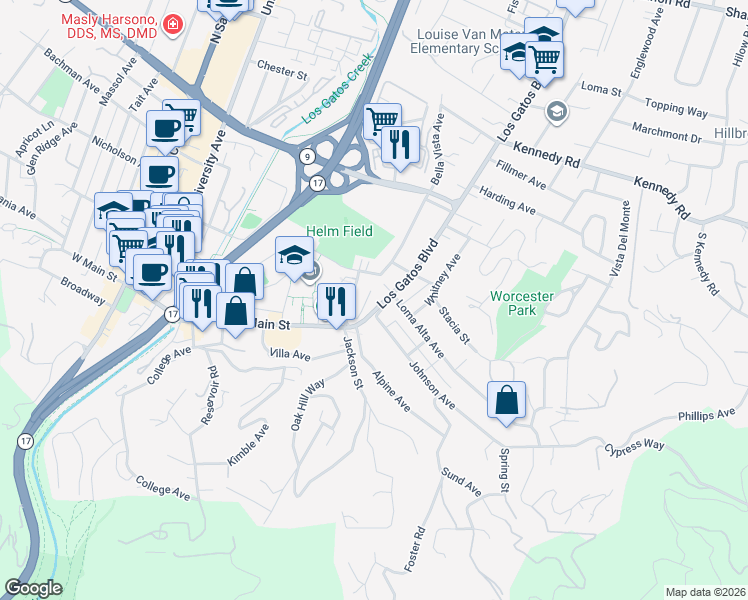 map of restaurants, bars, coffee shops, grocery stores, and more near 101 Los Gatos Boulevard in Los Gatos