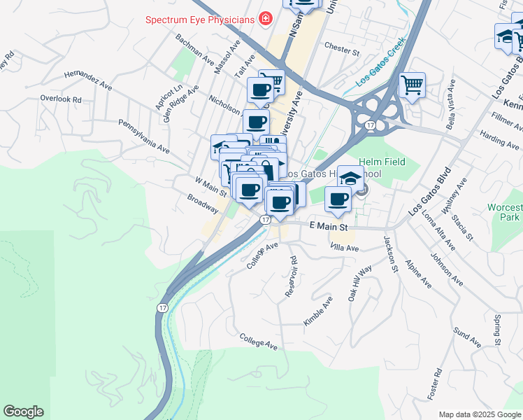 map of restaurants, bars, coffee shops, grocery stores, and more near 50 University Avenue in Los Gatos