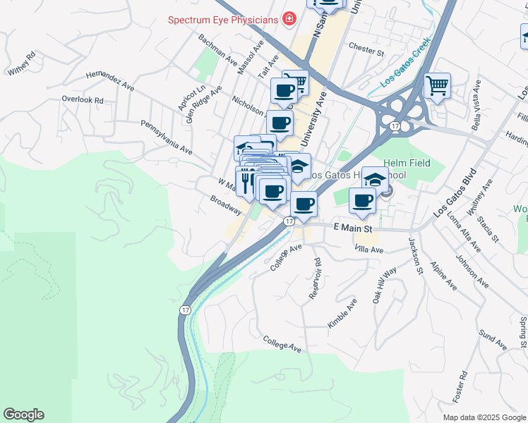map of restaurants, bars, coffee shops, grocery stores, and more near 140 West Main Street in Los Gatos