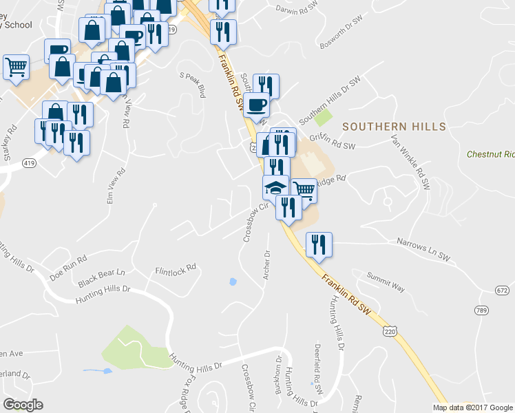 map of restaurants, bars, coffee shops, grocery stores, and more near 5260 Crossbow Circle in Roanoke