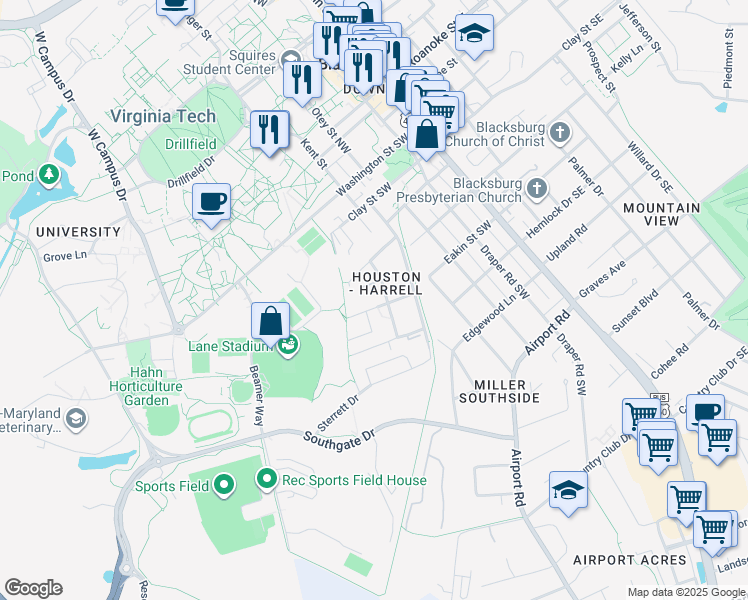 map of restaurants, bars, coffee shops, grocery stores, and more near 515 Houston Street in Blacksburg
