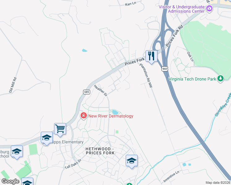 map of restaurants, bars, coffee shops, grocery stores, and more near 100 Yorkshire Court in Blacksburg