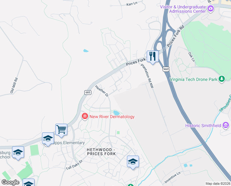 map of restaurants, bars, coffee shops, grocery stores, and more near 108 Southampton Court in Blacksburg