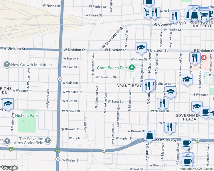 map of restaurants, bars, coffee shops, grocery stores, and more near 1045 West Calhoun Street in Springfield