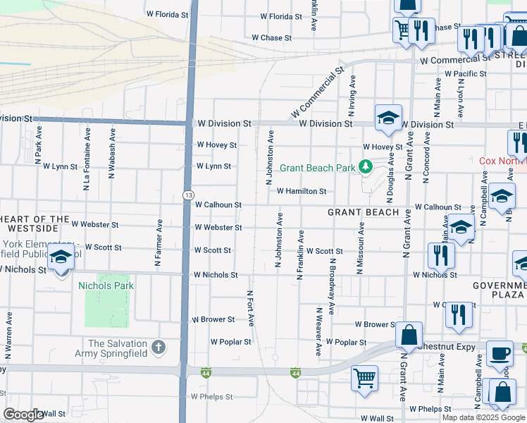 map of restaurants, bars, coffee shops, grocery stores, and more near in Springfield