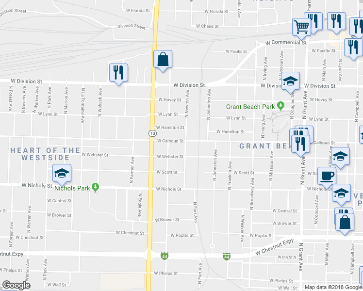 map of restaurants, bars, coffee shops, grocery stores, and more near 1401 West Calhoun Street in Springfield