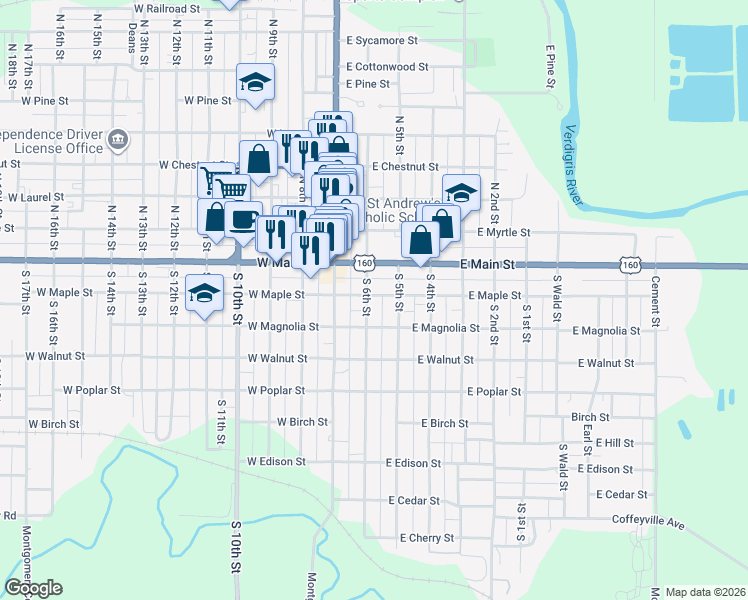 map of restaurants, bars, coffee shops, grocery stores, and more near 220 East Maple Street in Independence