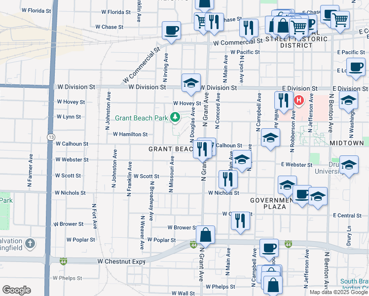 map of restaurants, bars, coffee shops, grocery stores, and more near 814 West Calhoun Street in Springfield