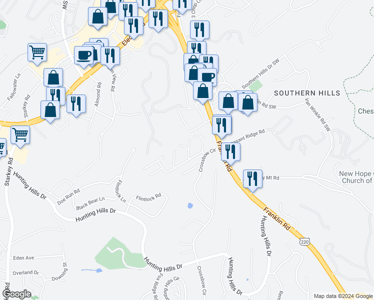 map of restaurants, bars, coffee shops, grocery stores, and more near 5260 Cross Bow Circle in Roanoke