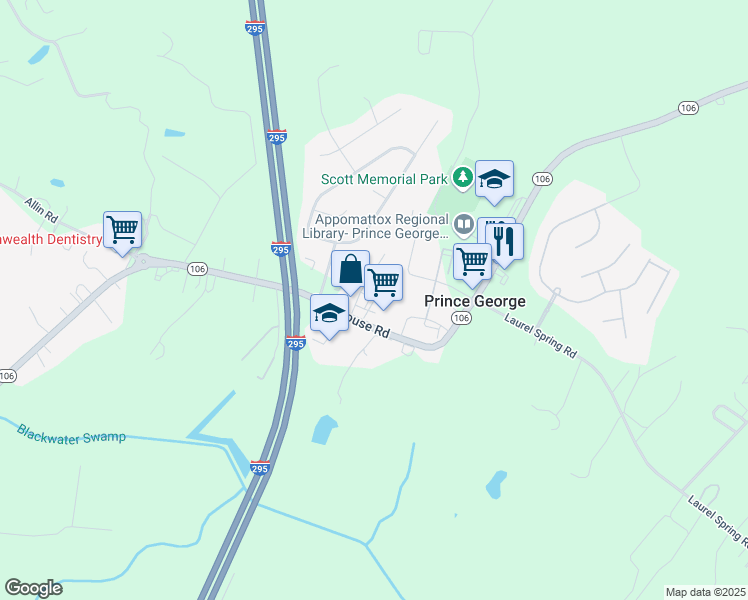 map of restaurants, bars, coffee shops, grocery stores, and more near 6324 Commons Court in Prince George
