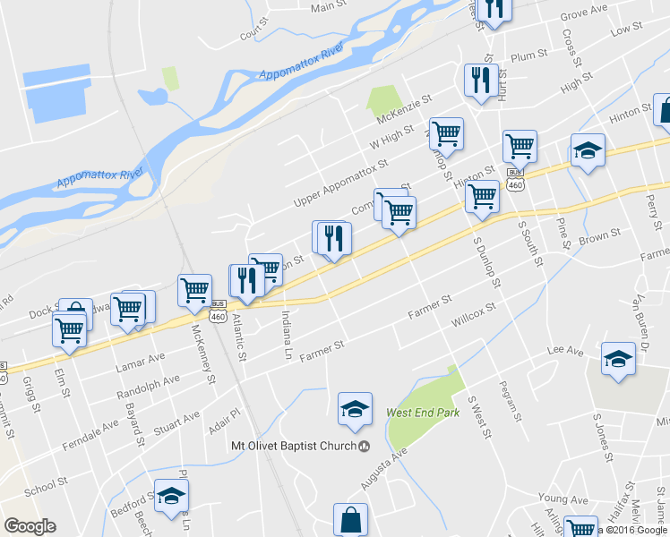 map of restaurants, bars, coffee shops, grocery stores, and more near 1228 W Washington St in Petersburg