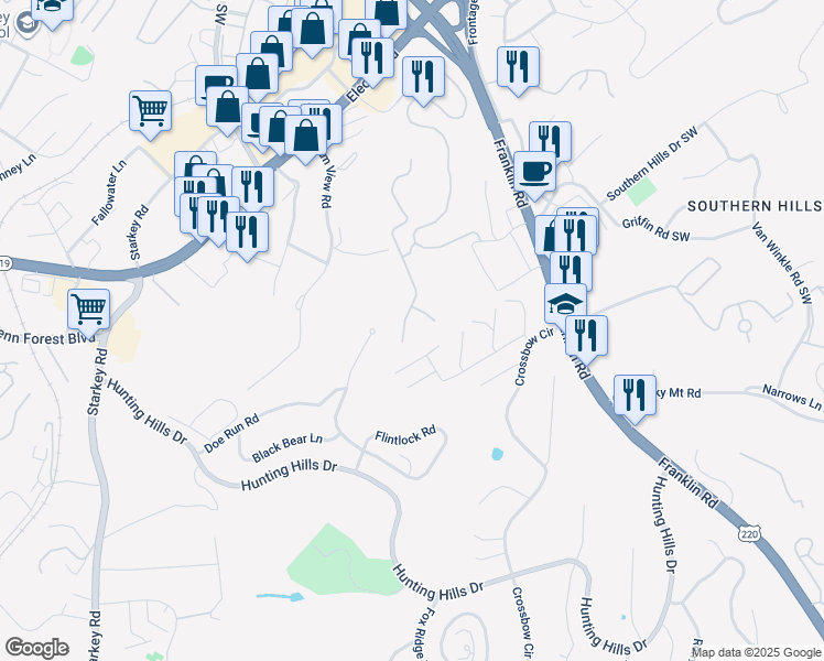 map of restaurants, bars, coffee shops, grocery stores, and more near 4950 South Peak Estates Drive in Cave Spring