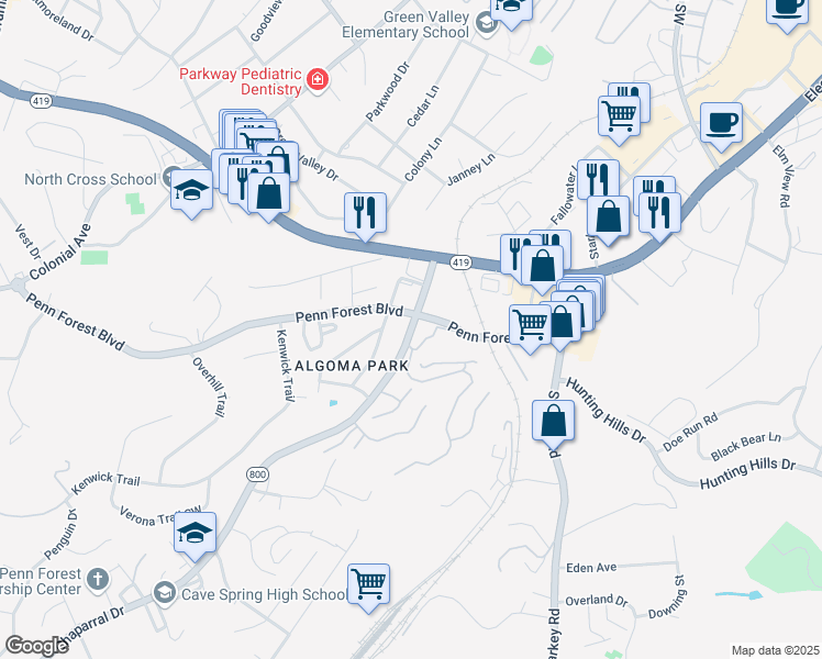 map of restaurants, bars, coffee shops, grocery stores, and more near 3215 Chaparral Drive in Roanoke