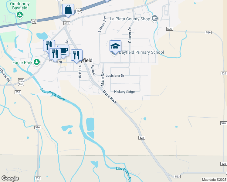 map of restaurants, bars, coffee shops, grocery stores, and more near 801 Hickory Ridge in Bayfield