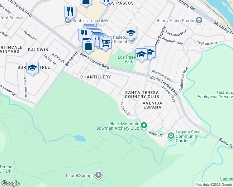 map of restaurants, bars, coffee shops, grocery stores, and more near 194 Stillwater Lane in San Jose