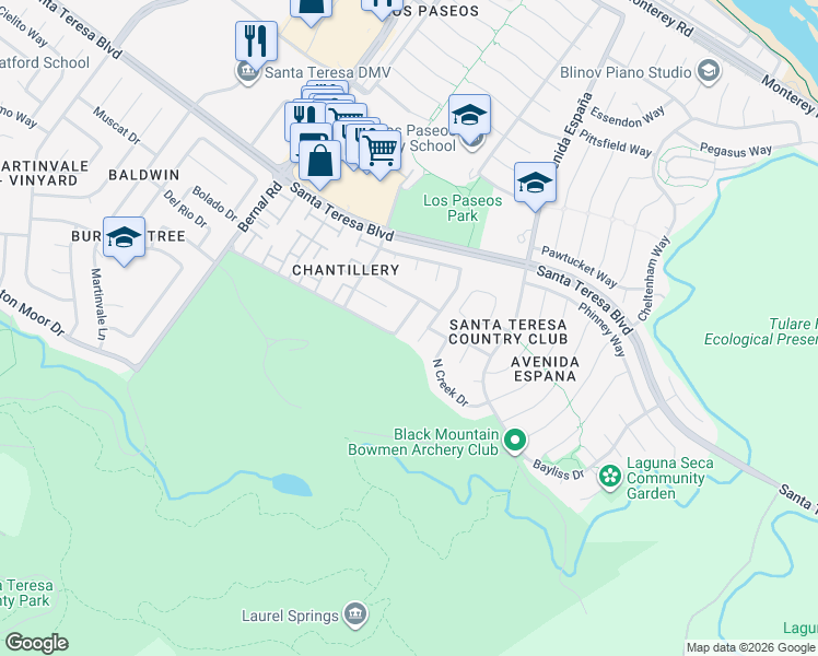 map of restaurants, bars, coffee shops, grocery stores, and more near 194 Stillwater Lane in San Jose