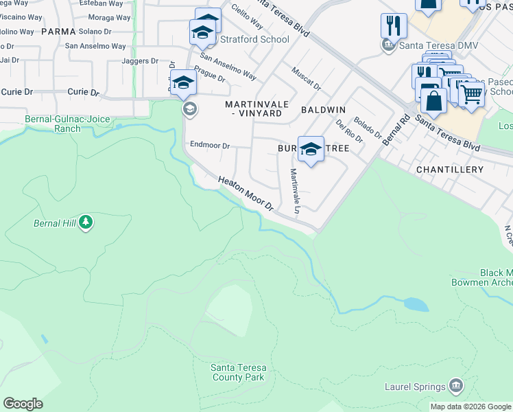 map of restaurants, bars, coffee shops, grocery stores, and more near 6944 Heaton Moor Drive in San Jose