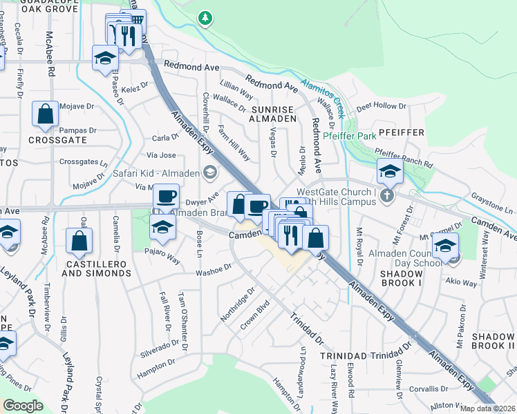 map of restaurants, bars, coffee shops, grocery stores, and more near 6448 Almaden Road in San Jose
