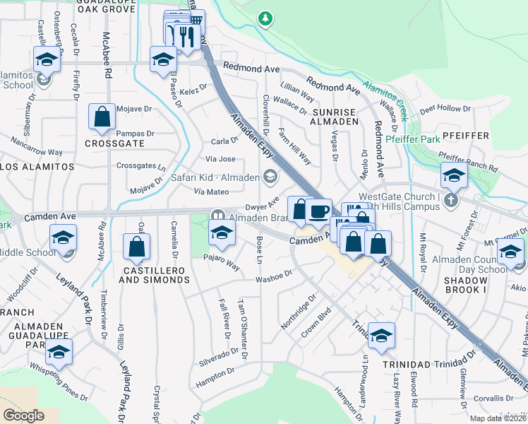 map of restaurants, bars, coffee shops, grocery stores, and more near 1123 Dwyer Avenue in San Jose
