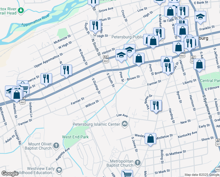 map of restaurants, bars, coffee shops, grocery stores, and more near 812 Farmer Street in Petersburg