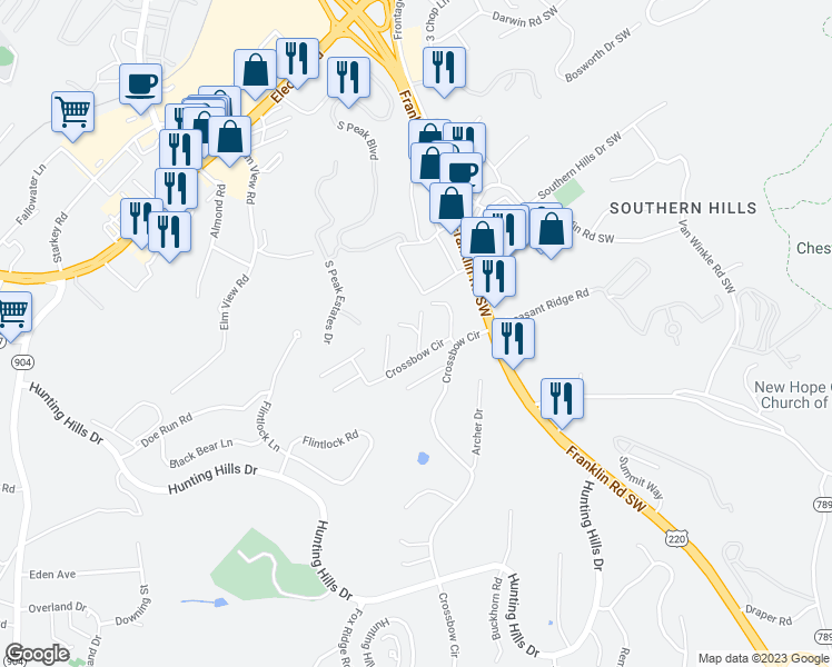 map of restaurants, bars, coffee shops, grocery stores, and more near 5260 Cross Bow Circle in Cave Spring