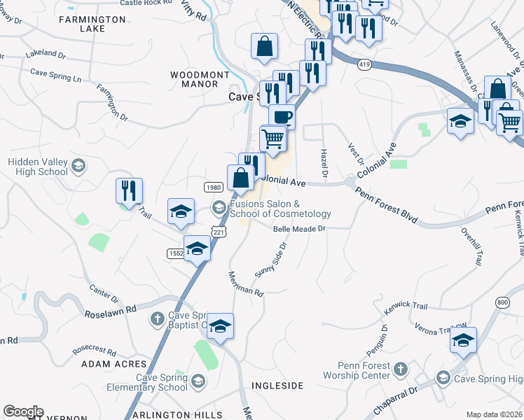 map of restaurants, bars, coffee shops, grocery stores, and more near 4801 Merriman Road in Roanoke