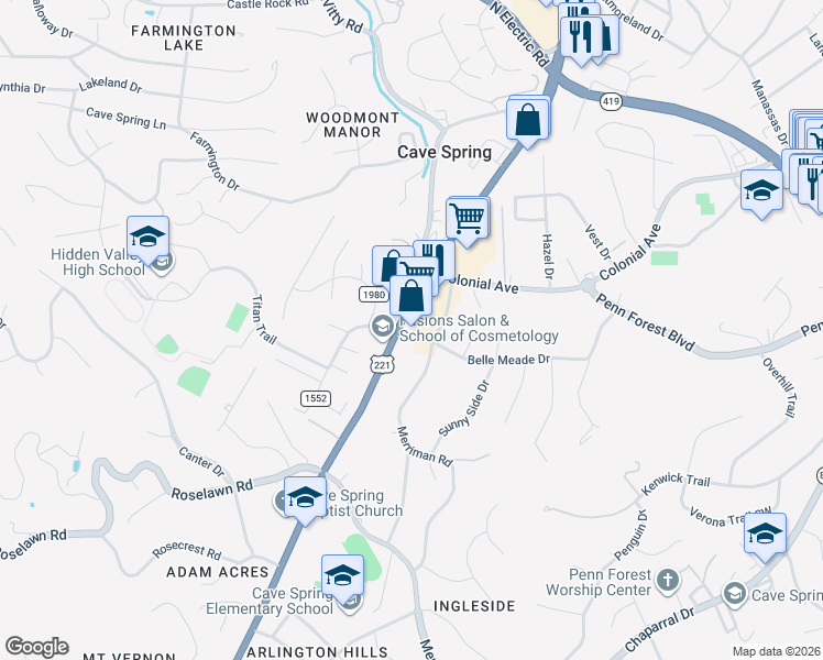 map of restaurants, bars, coffee shops, grocery stores, and more near 4533 Brambleton Ave in Roanoke