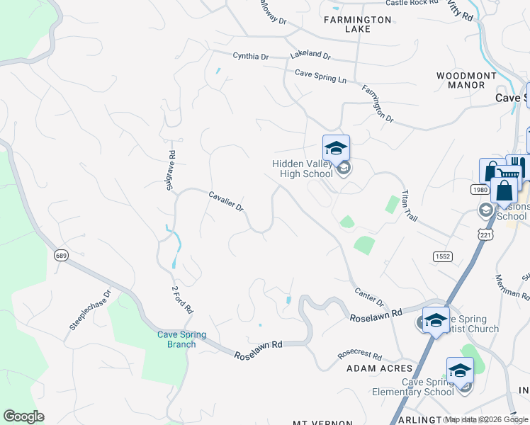 map of restaurants, bars, coffee shops, grocery stores, and more near 5430 Cavalier Drive in Roanoke