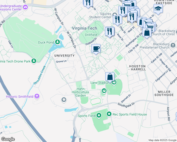map of restaurants, bars, coffee shops, grocery stores, and more near in Blacksburg