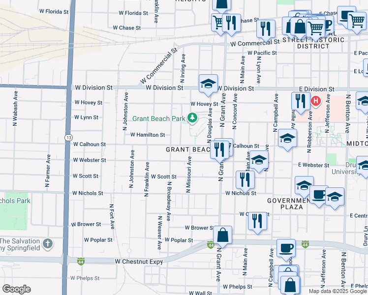 map of restaurants, bars, coffee shops, grocery stores, and more near 1229 North Missouri Avenue in Springfield