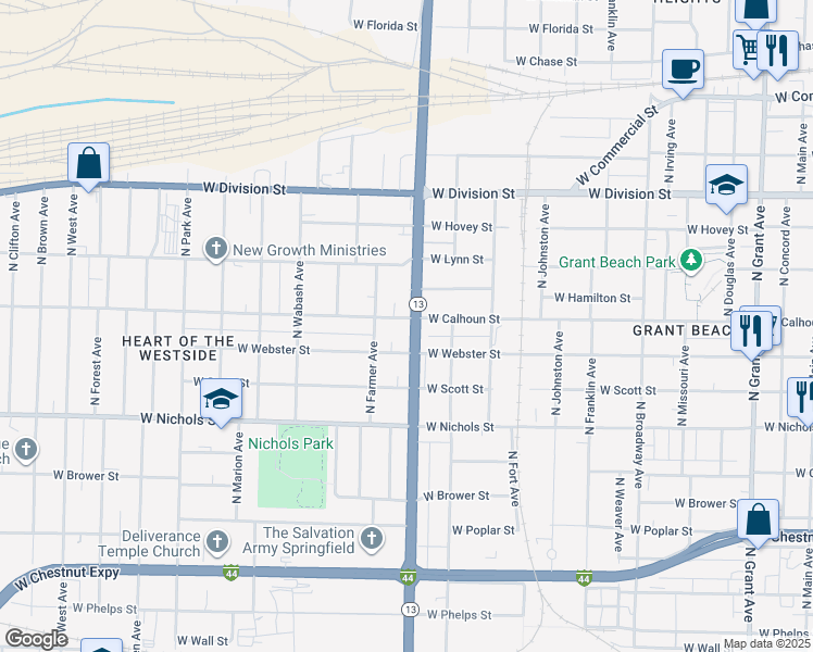 map of restaurants, bars, coffee shops, grocery stores, and more near 1311 North Kansas Expressway in Springfield