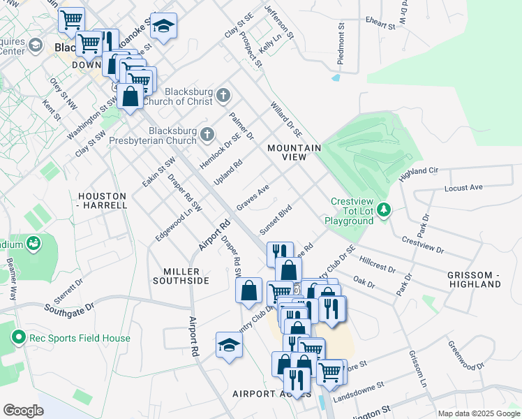 map of restaurants, bars, coffee shops, grocery stores, and more near Evergreen Way in Blacksburg