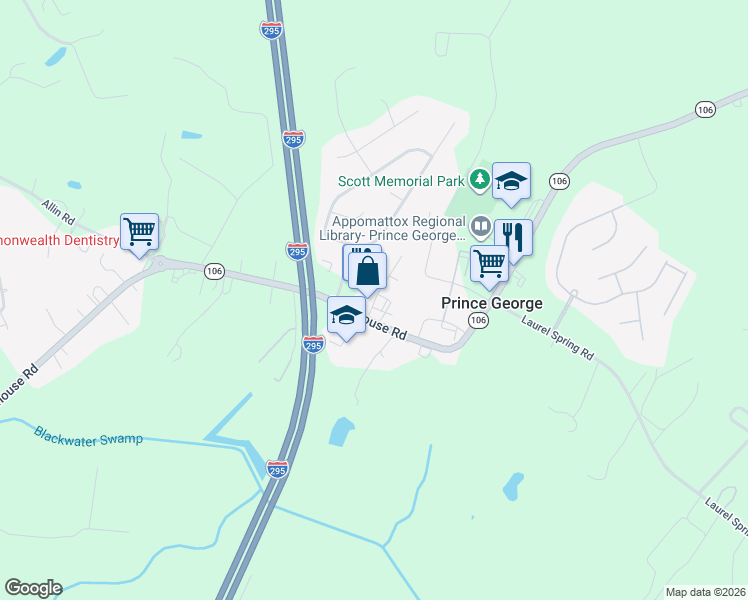 map of restaurants, bars, coffee shops, grocery stores, and more near 6581 Commons Drive in Prince George