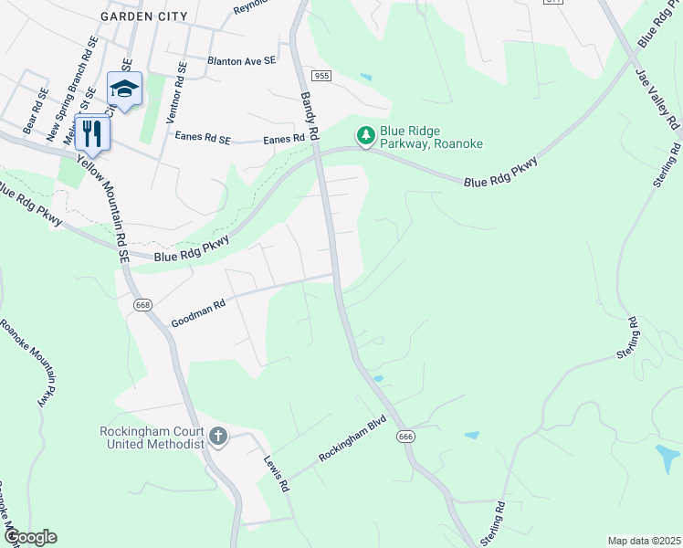 map of restaurants, bars, coffee shops, grocery stores, and more near 3802 Bandy Road in Roanoke