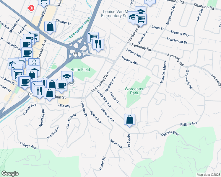 map of restaurants, bars, coffee shops, grocery stores, and more near 16 Stacia Street in Los Gatos