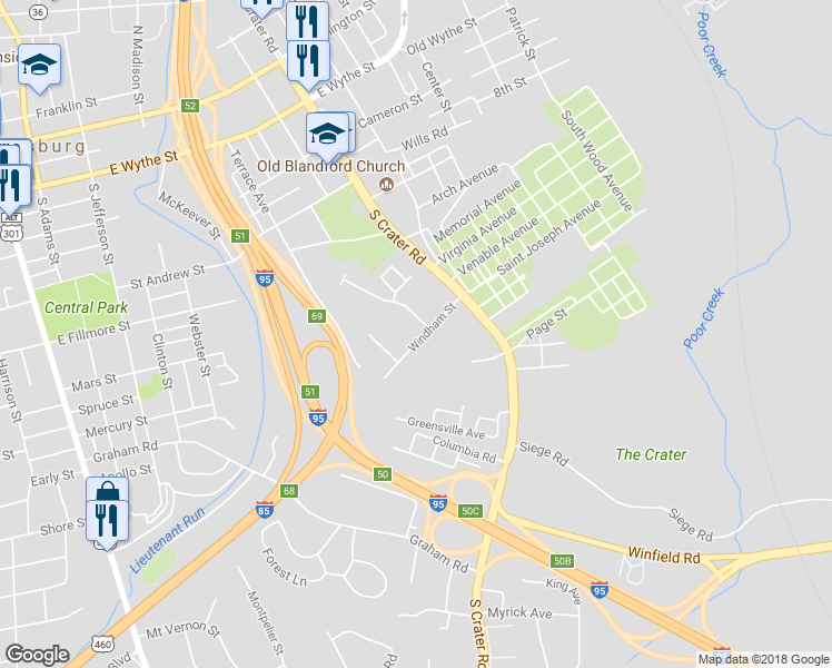 map of restaurants, bars, coffee shops, grocery stores, and more near 531 Windham Street in Petersburg