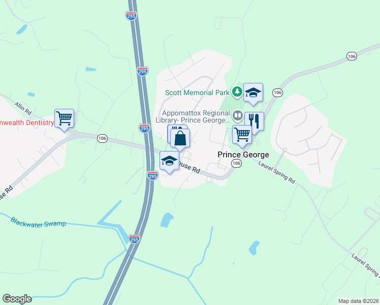 map of restaurants, bars, coffee shops, grocery stores, and more near 6312 Commons Court in Prince George