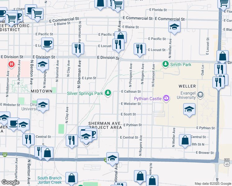 map of restaurants, bars, coffee shops, grocery stores, and more near North Florence Avenue in Springfield