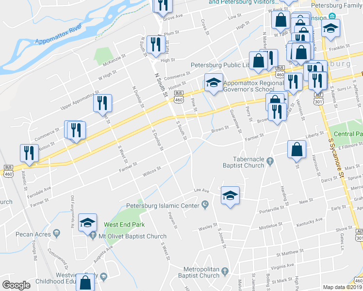 map of restaurants, bars, coffee shops, grocery stores, and more near 812 Farmer Street in Petersburg