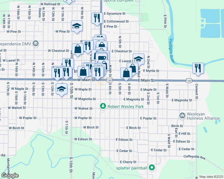 map of restaurants, bars, coffee shops, grocery stores, and more near 220 East Maple Street in Independence
