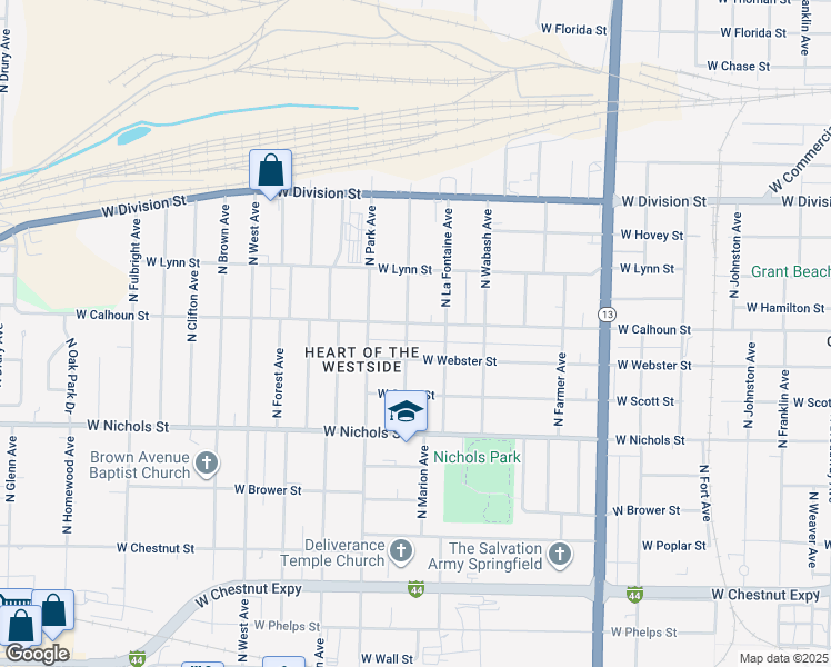 map of restaurants, bars, coffee shops, grocery stores, and more near 1301 North Marion Avenue in Springfield