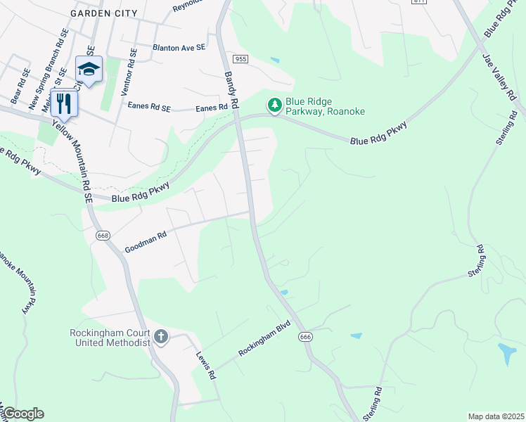 map of restaurants, bars, coffee shops, grocery stores, and more near 3802 Bandy Road in Roanoke